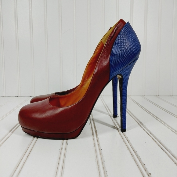 Fendi Brown Blue Color Block Platform High Heels D522 - Picture 1 of 12